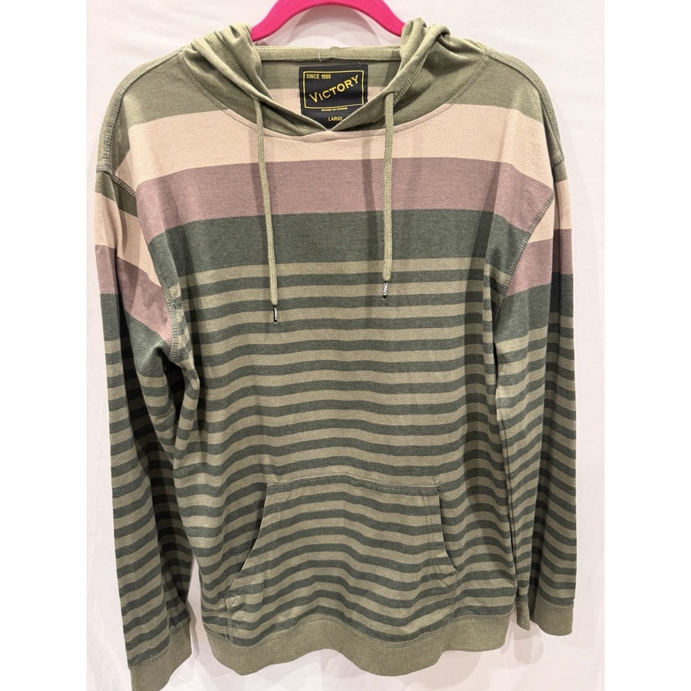 Victory Men's Hoodie Large L Striped Long Sleeve Pullover Olive Green Casual